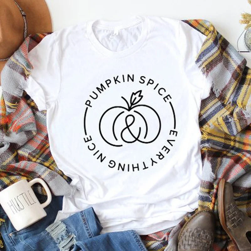 

Pumpkin Spice Everything Nice T-Shirt Funny O-Neck Cotton Graphic Tee Pumpkin Halloween Party Top quote Aesthetic Trendy Outfits