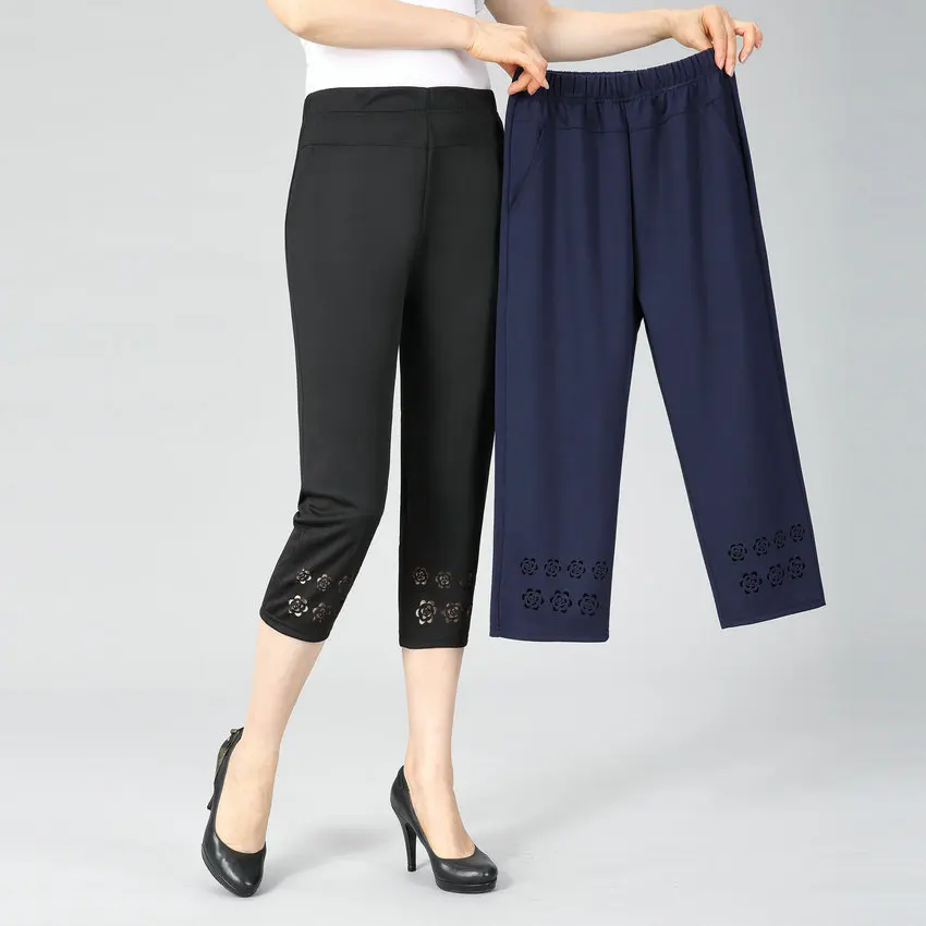 Middle Aged Women Summer Cropped Trosuers Black Khaki Navy Blue Flower Crochet Hem Design Slim Fit High Elastic Waist Crop Pant
Middle Aged Women Summer Cropped Trosuers Black Khaki Navy Blue Flower Crochet Hem Design Slim Fit High Elastic Waist Crop Pant