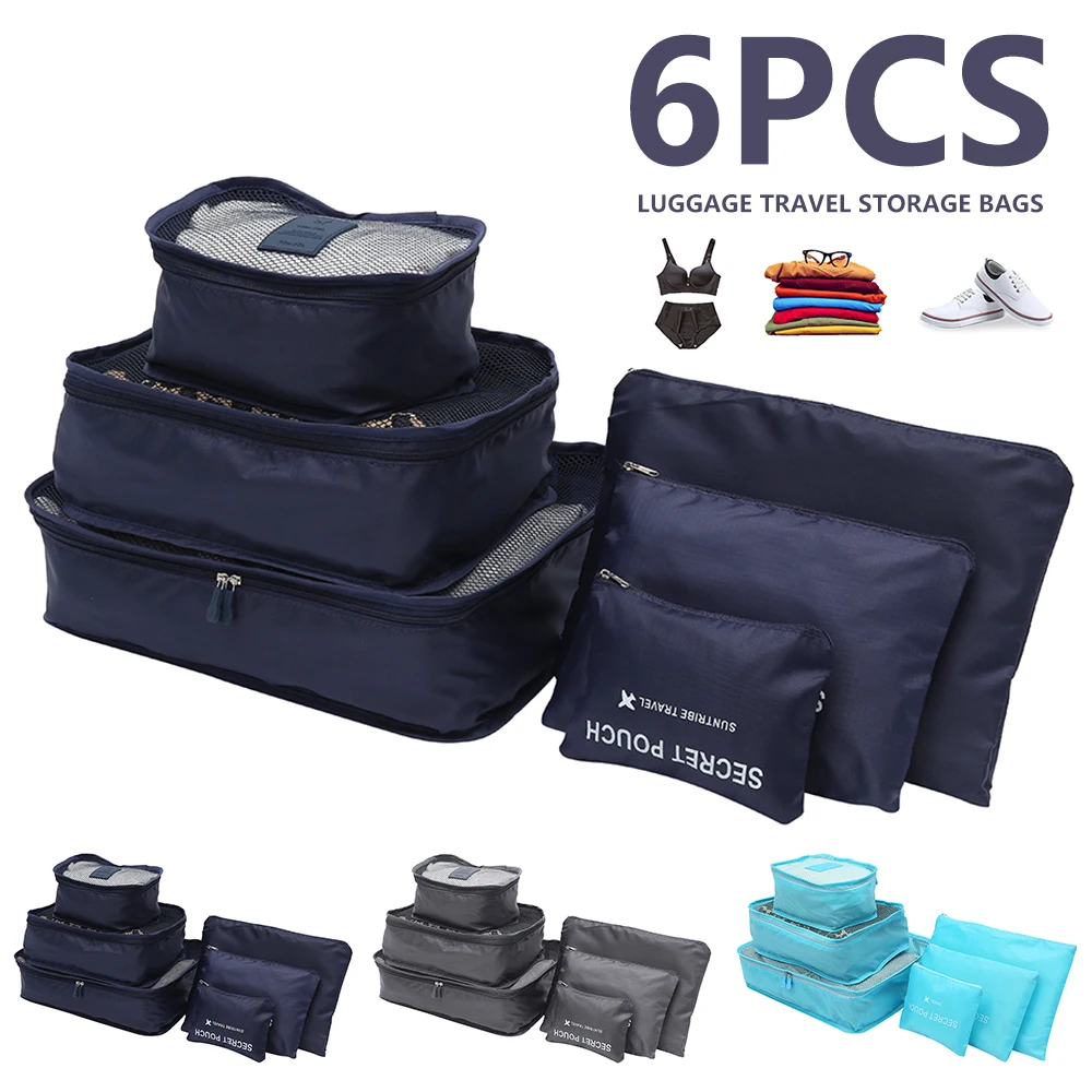 

Nylon Packing Cube Travel Bag System Durable 6 Pieces Set Large Capacity Of Bags Unisex Clothing Sorting Organize Wholesale