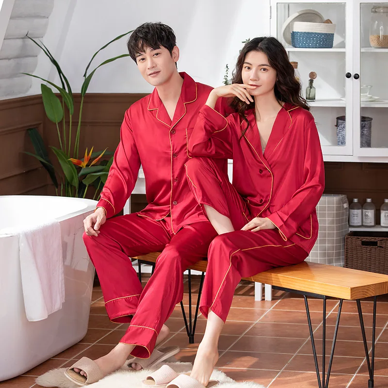 Korean-style Long Sleeve Homewear Set Silk Spring And Autumn Viscose Pajamas Men's Thin Imitated Silk Fabric Couples Pajamas Wom