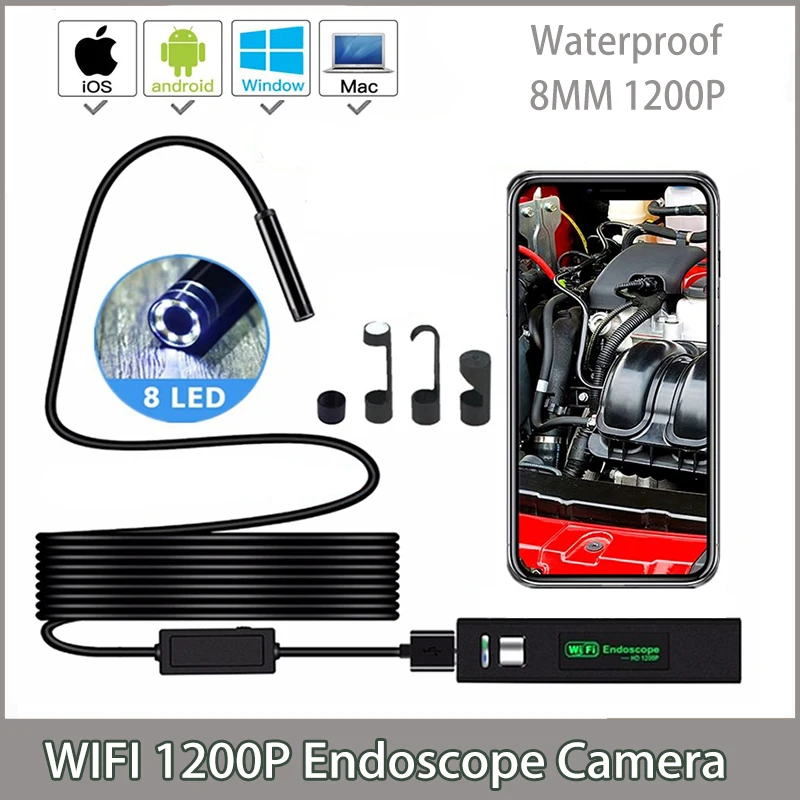 

1200P Wireless WIFI Endoscope Camera USB Borescope For Iphone Android IOS Endoscope Mini Waterproof Camera 8MM 2M 5M 10M Hard