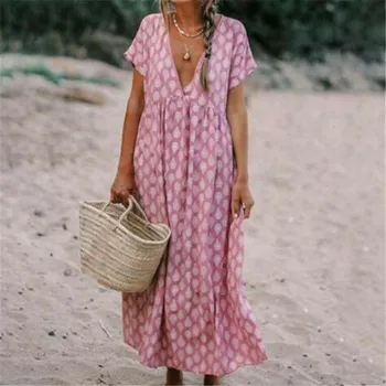 

Womens Boho Floral Fashion Baggy Tunic Dresses Ladies Fashion Casual Loose Kaftan Beach Holiday Sundress Females New Clothing