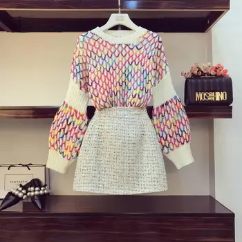 2 Two Piece Set Women Rainbow Diamond Pattern Pullover Autumn Winter Loose Sweater Tweed Mini Skirt Set Outfit Matching Set A010
2 Two Piece Set Women Rainbow Diamond Pattern Pullover Autumn Winter Loose Sweater Tweed Mini Skirt Set Outfit Matching Set A010