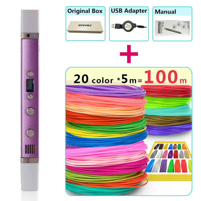 Myriwell 3d Ручка + 20 цветов * 5 м ABS нить (100 м) принтер pen волшебная ручка лучший подарок