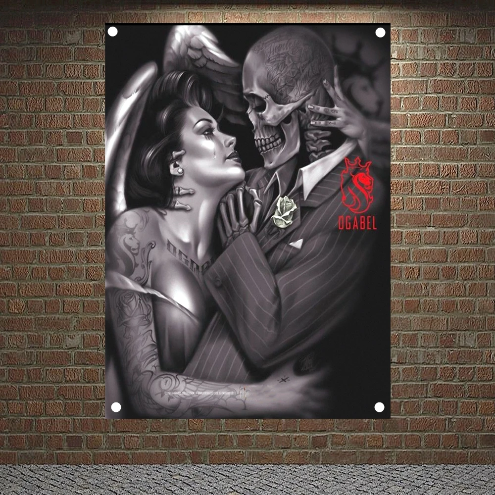 

"Angel and Skeletons Love" Banners Canvas Painting Skull Art Tattoo Posters Flags Wall Chart Tapestry Hanging Cloth Home Decor