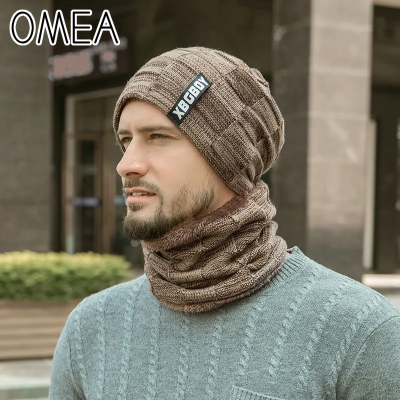 

OMEA Knitted Hat Men Warmer Winter Beanies with Ring Scarf Arctic Velvet Lining Thickend Snood Male Skullies Earmuffs Beanie Hat