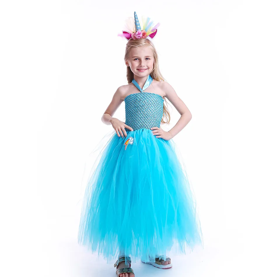 Blue Girls Tutu Dress With Flower Unicorn Headband Baby Fluffy Tulle Robe Kids Girl Performance Halloween Costume Vestidos Clothes (4)