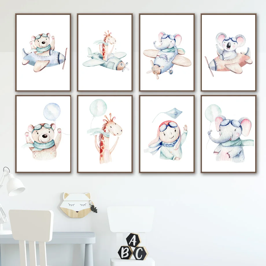 Elephant Giraffe Bear Koala Airplane Balloon Wall Art Canvas Painting Nordic Posters And Prints Pictures Kids Room Decor | Дом и сад