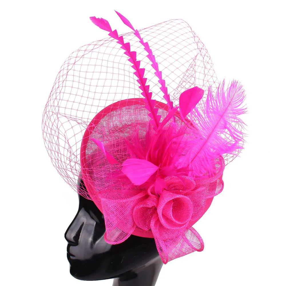 

Hot Pink Sinamay Fascinators Hats Feather Flower Bride Women Cocktail Holiday Occasion Headpiece New Year Gifts Headbands SYF219