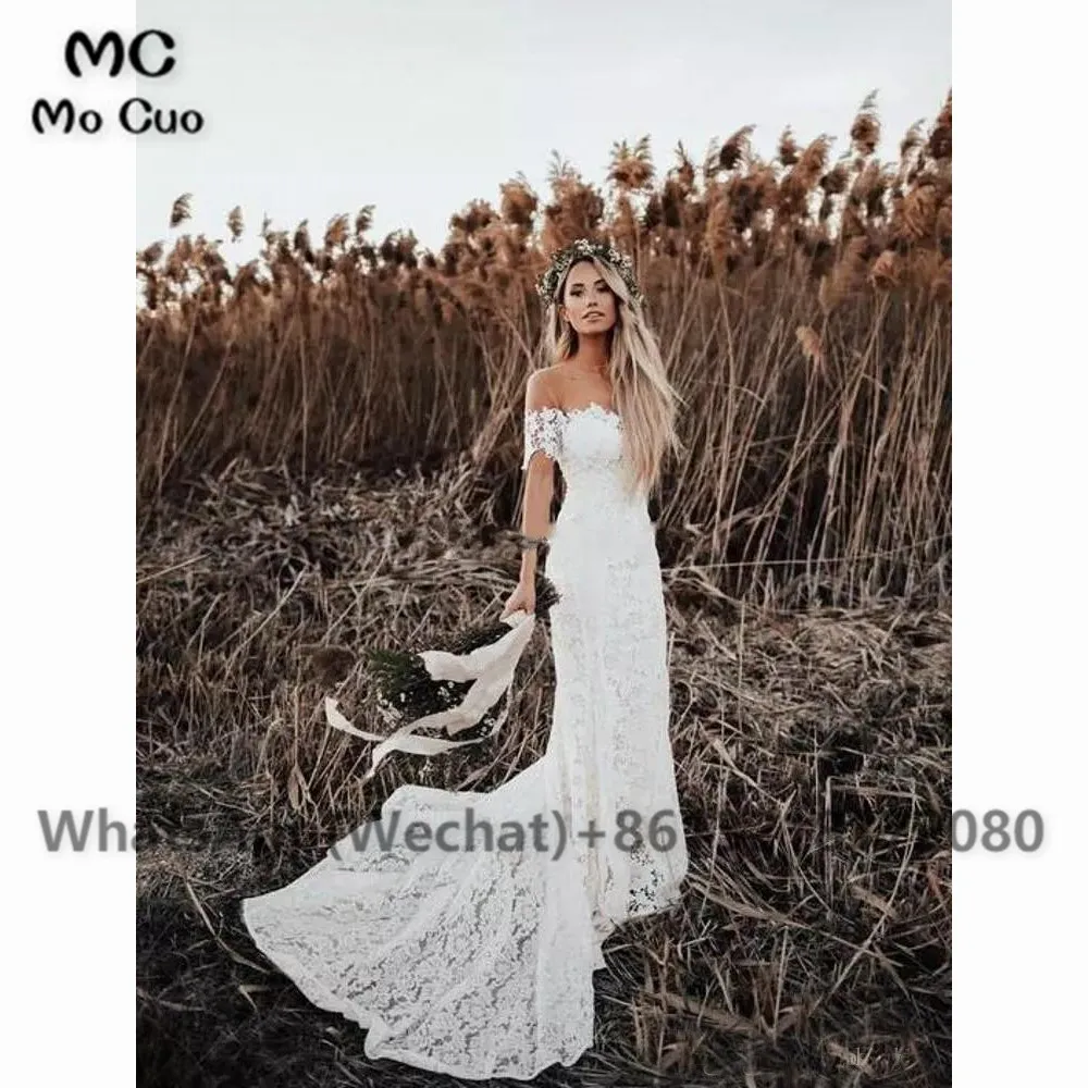 Elegant White Lace Wedding Dresses New Country Style Off The Shoulder Short Sleeves Beach Bridal Dresses Vestidos De Soiree Custom Made (3)