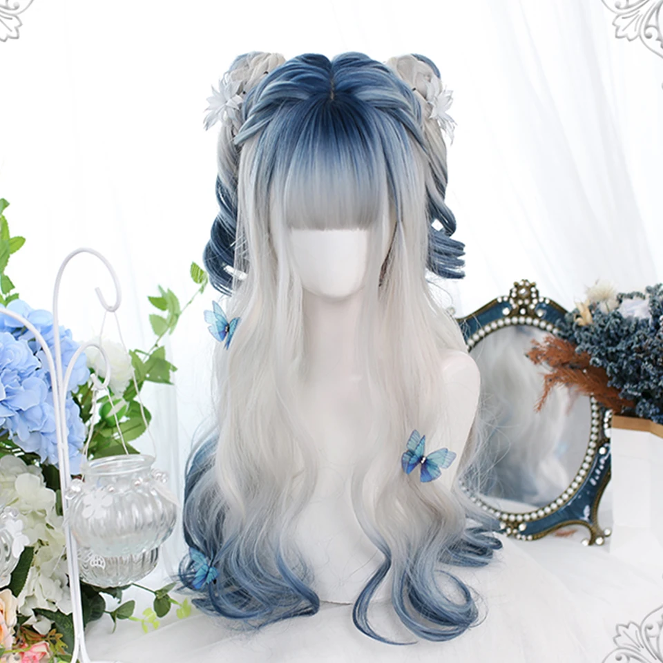 

MEIFAN Long Ombre Colorful Cosplay Lolita Harajuku Wig With Bangs Natural Wavy Wigs Pink Purple Blue Synthetic Daily Wigs