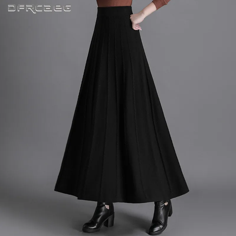 

Женская трикотажная юбка-макси в полоску, черная Повседневная трапециевидная юбка с поясом на резинке, теплый элегантный свитер для зимы, 2023