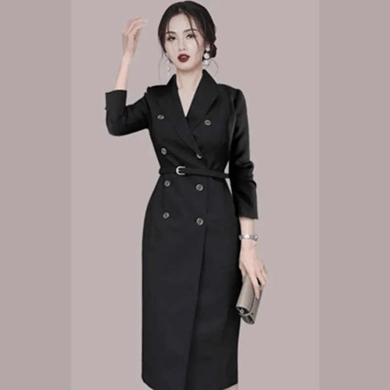 

Autumn Vintage Hepburn Women Dress Korean Elegant Pencil Dress Women Long Sleeve Double Breasted OL Office Bodycon Dresses