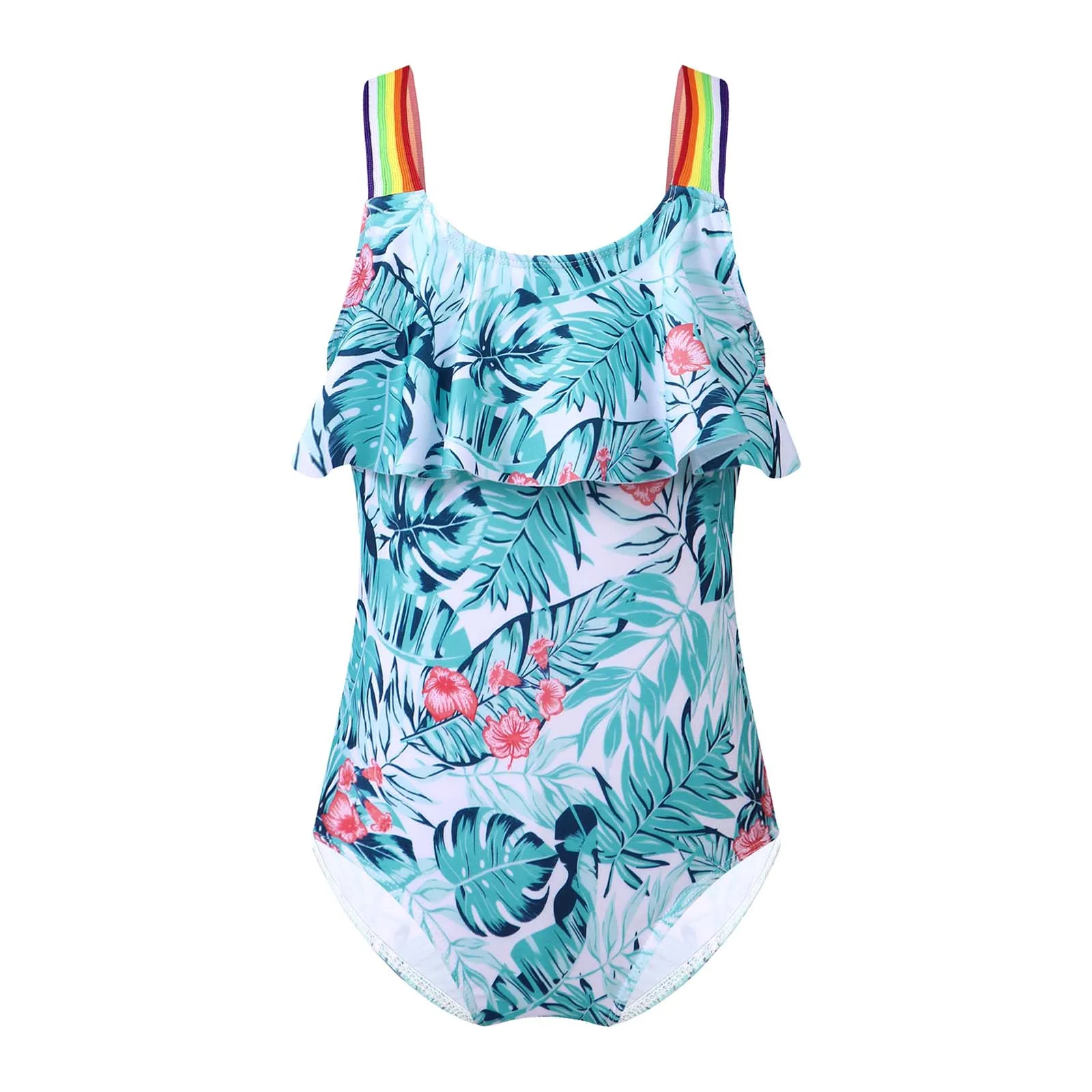 

Kids Girls One-piece Swimwear Swimsuits Rainbow Print Straps Ruffle Trim Print JumpsuitBeach Pool Swimming Bathing Bodysuit