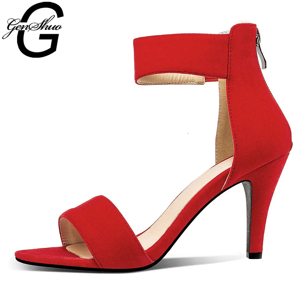 GENSHUO Shoes Woman High Heels Zapatos de Mujer Sexy Peep Toe Sandalia Feminina 2020 Summer Ankle Wrap Women's Shoes Sandals