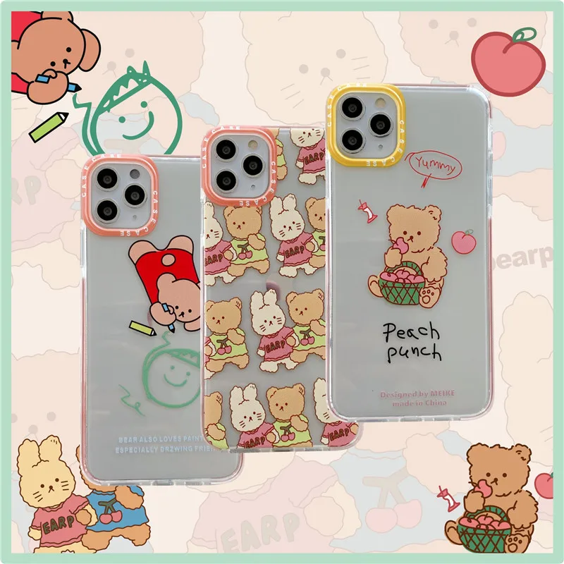 

Cute Phone Case For iPhone 11 Pro MAX XS MAX XR X 7 Plus 8 Plus Case silicon cover sweet peach Cherry bear painting illustration