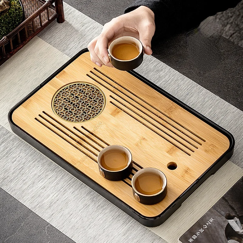 

Bamboo Tea Tray Plate Serving Water Storage Handmade Dry Bubble Tea Tray Drainage Kung Fu Tea Set Plateau De Service Teaware 50