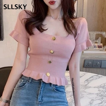 SLLSKY Square collar Slim Thin Sweater Women Short Sleeve Short up Summer New Solid Breasted decoration Feminine Pullover
SLLSKY Square collar Slim Thin Sweater Women Short Sleeve Short up Summer New Solid Breasted decoration Feminine Pullover