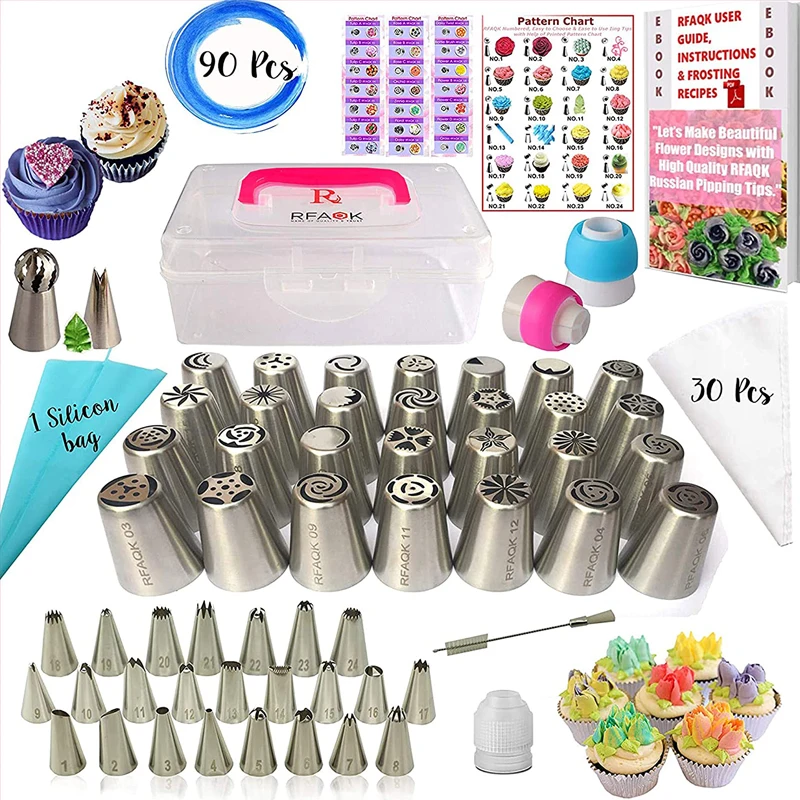 90 Pcs Russian Piping Tips Set with Storage Case Cake Decorating Supplies Kit Frosting Tips Nozzles Pastry Bags Baking Tools
90 Pcs Russian Piping Tips Set with Storage Case Cake Decorating Supplies Kit Frosting Tips Nozzles Pastry Bags Baking Tools