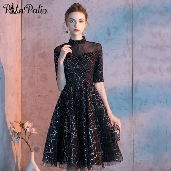 Modest Neck Short Prom Dresses With Sleeves 2019 New Elegant Black Cocktail Dress Sequined Tulle Semi Formal Dresses
Modest Neck Short Prom Dresses With Sleeves 2019 New Elegant Black Cocktail Dress Sequined Tulle Semi Formal Dresses