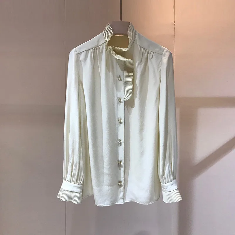 2020 Fall European Fashion Style Ladies Organ Pleat Ruffles Long Sleeve Elegant Pure Silk Blouses And Tops
2020 Fall European Fashion Style Ladies Organ Pleat Ruffles Long Sleeve Elegant Pure Silk Blouses And Tops