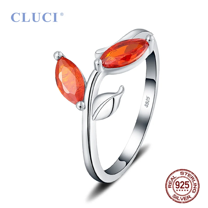 

CLUCI Authentic 925 Sterling Silver AAA Red Zircon Leaves Shape Finger Ring for Women Holiday Jewelry Girls Rings DR1067SB