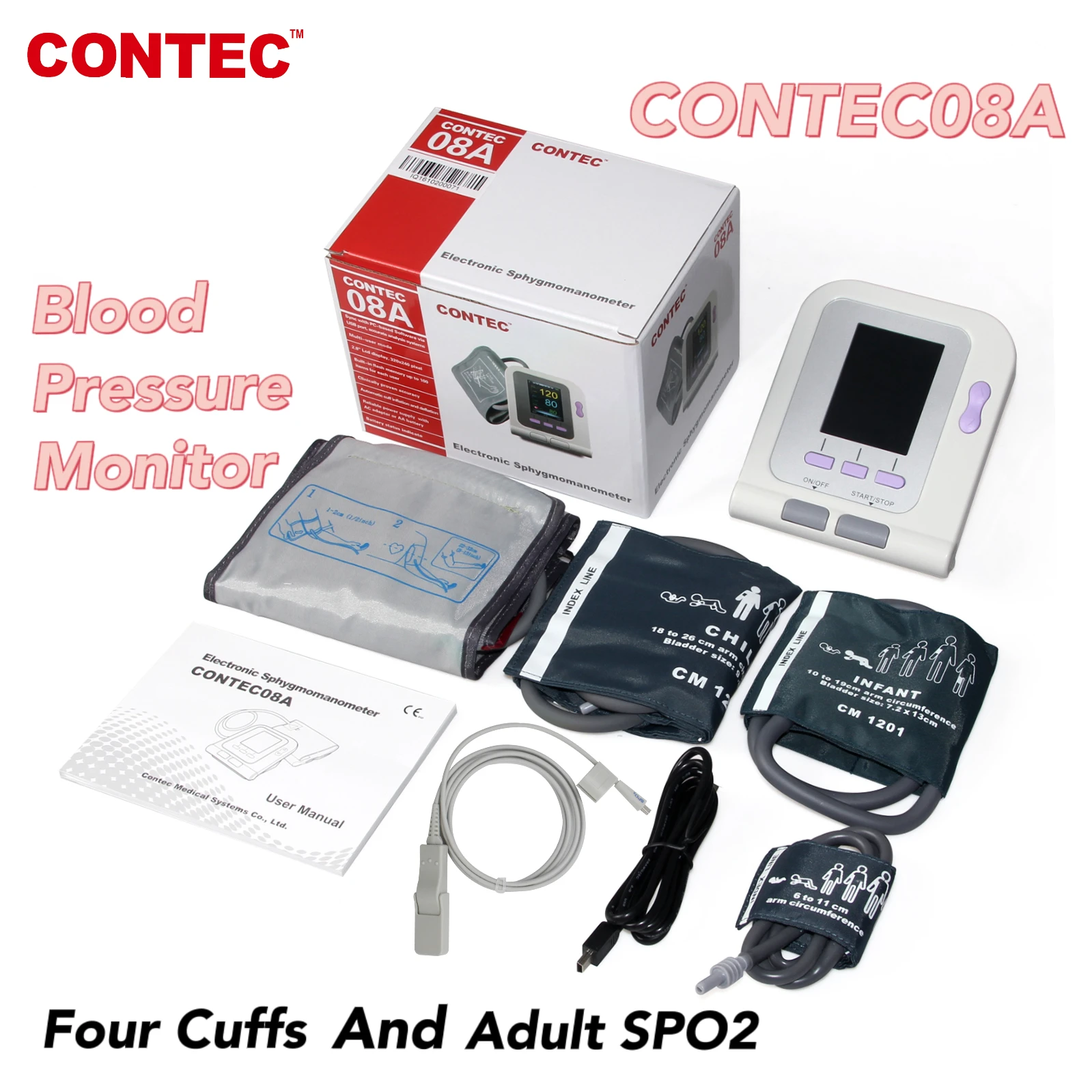 

CONTEC08A Digital Blood Pressure Monitor+Adult Cuff Neonatal Cuff Pediatric Cuff Child Cuff Free SW + Spo2 Adult Probe