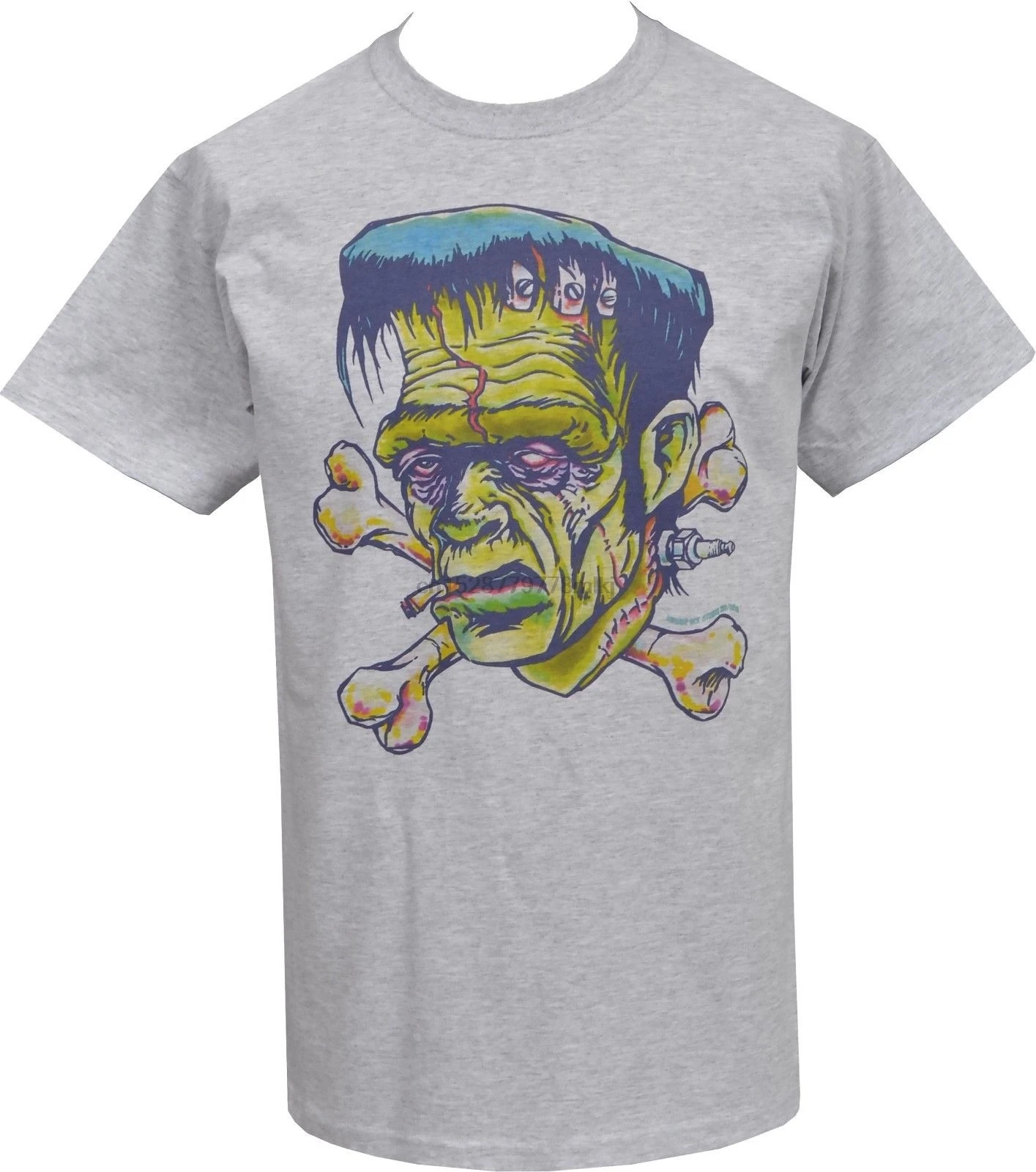 Фото Мужская серая футболка с изображением монстра-Франкенштейна скрещенные кости