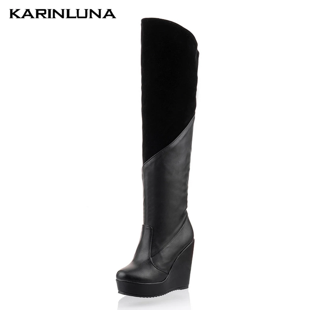 

Karinluna 2019 Classic Wedges Shoes High Heel Knee High Boots Women Shoes Woman Patchwork Winter Shoes Female Boots