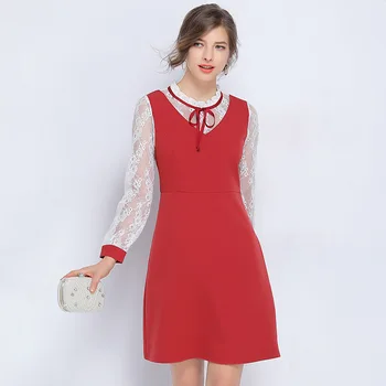 Autumn female elegant dress lace patchwork ruffled collar cute dress long sleeved party dress cultivating vestidos plus size 5XL 
Autumn female elegant dress lace patchwork ruffled collar cute dress long sleeved party dress cultivating vestidos plus size 5XL