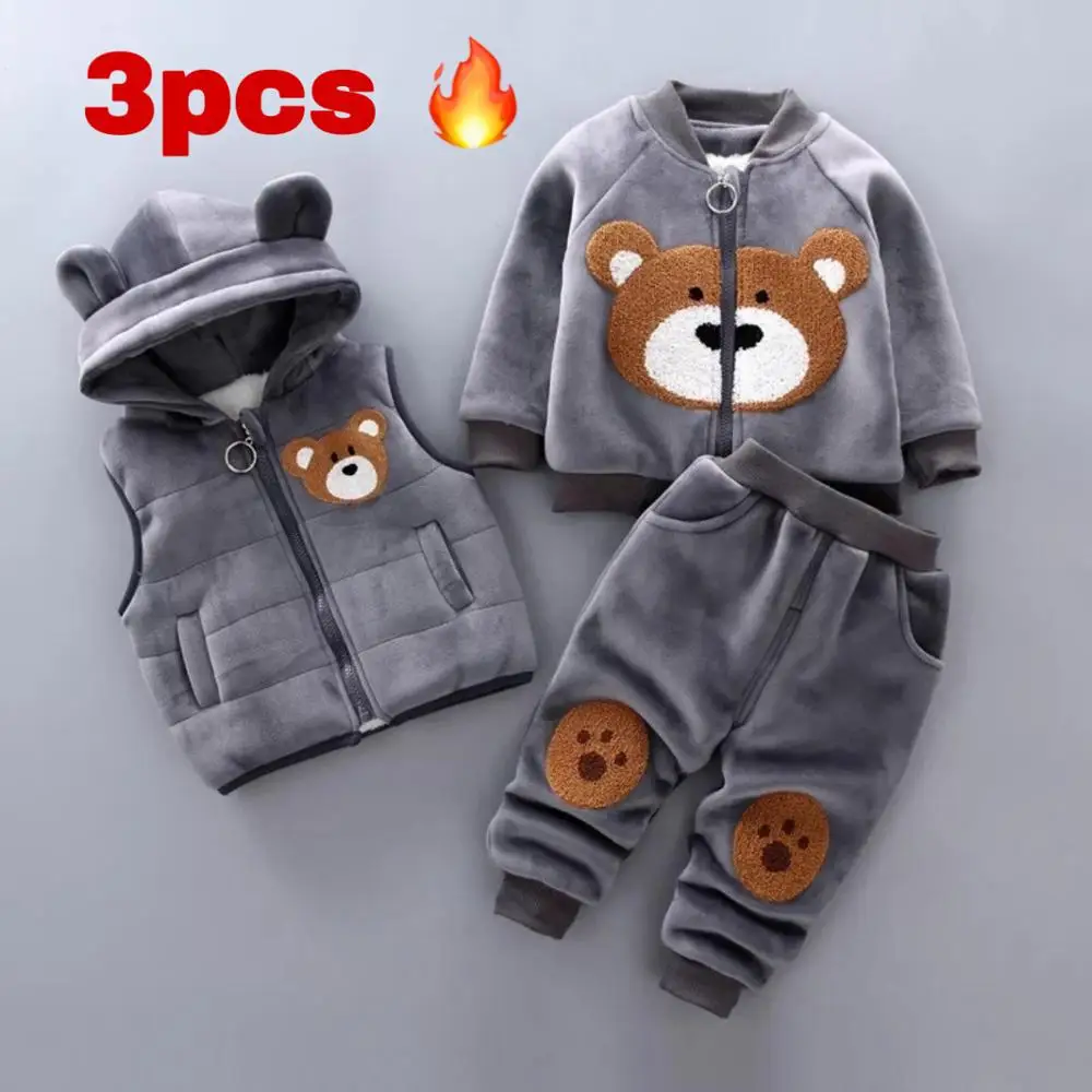 Baby boy clothes winter plus velvet thick three-piece children's warm cartoon dinosaur bear hooded sweater baby girl suit Baby boy clothes winter plus velvet thick three-piece children's warm cartoon dinosaur bear hooded sweater baby girl suit