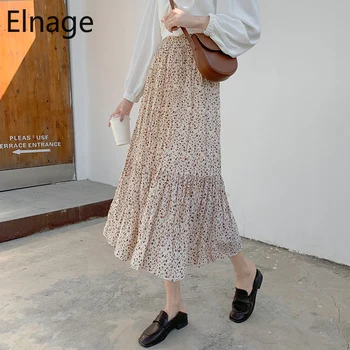 Elnage Spring Summer Floral Skirt Chiffon Mid-length High Waist Slim Printing Stitching A Line Pleated Faldas Mujer Moda 5A571