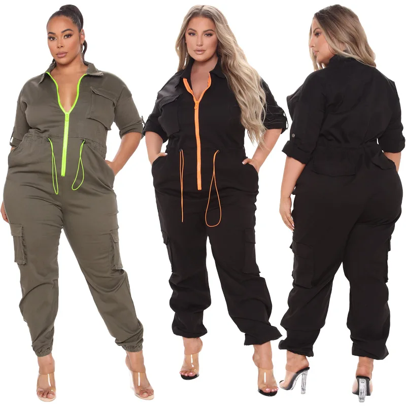 Plus Size Casual Women Jumpsuits Solid Color Turn-down Collar Zipper High Waist Drawstring Pockets Lady's Overalls Autumn 2021
Plus Size Casual Women Jumpsuits Solid Color Turn-down Collar Zipper High Waist Drawstring Pockets Lady's Overalls Autumn 2021