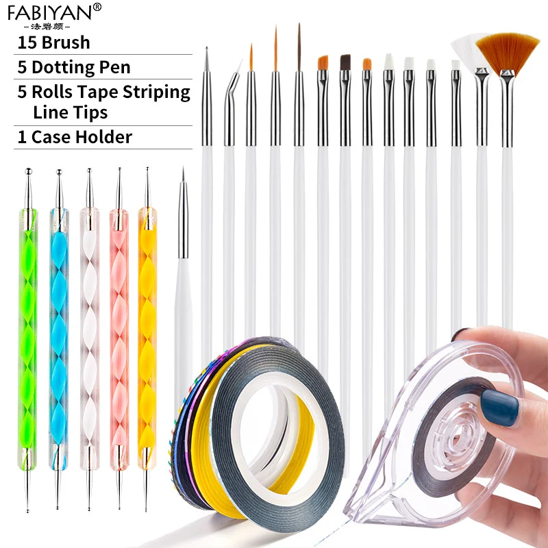 

Set 15 Brush + 5 Dotting Pen + 5 Rolls Tape Striping Line Tips + 1 Case Holder Nail Art Decoration Manicure Tools DIY