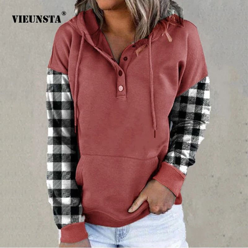 

Autumn Winter Street Hipster Lattice Long Sleeve Stitching Pullover Loose Hooded V-Neck Hidden Button Hoodie Fashion Sweatshirt