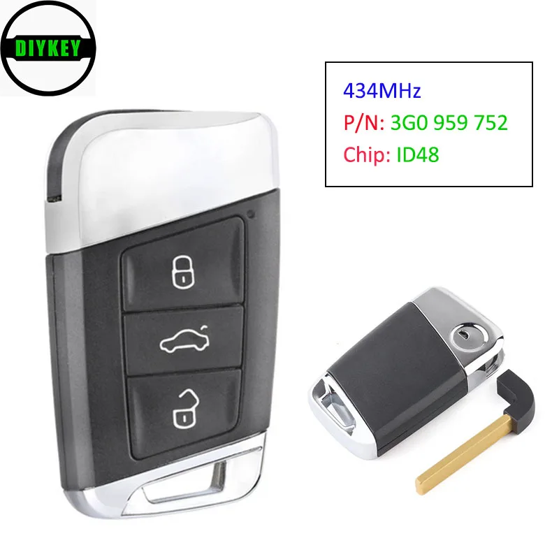 DIYKEY Замена дистанционный смарт ключ-брелок 3 кнопки 434 МГц для Volkswagen Magotan Superb A7 Passat