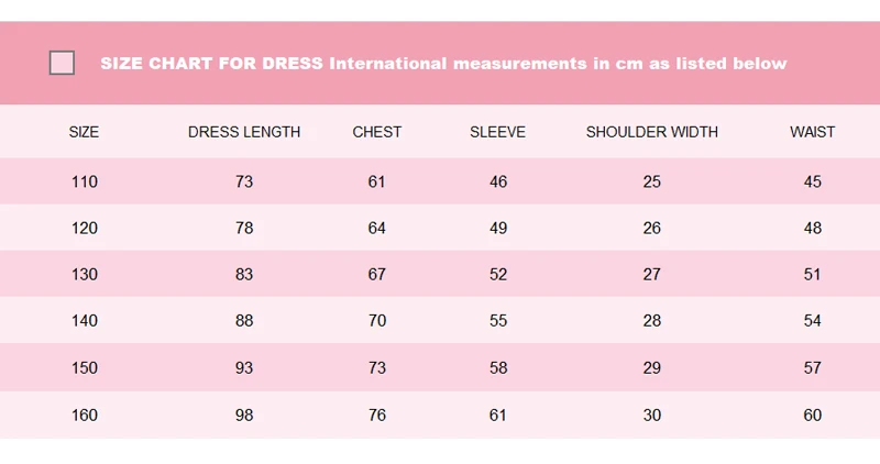 Size Chart For Dress