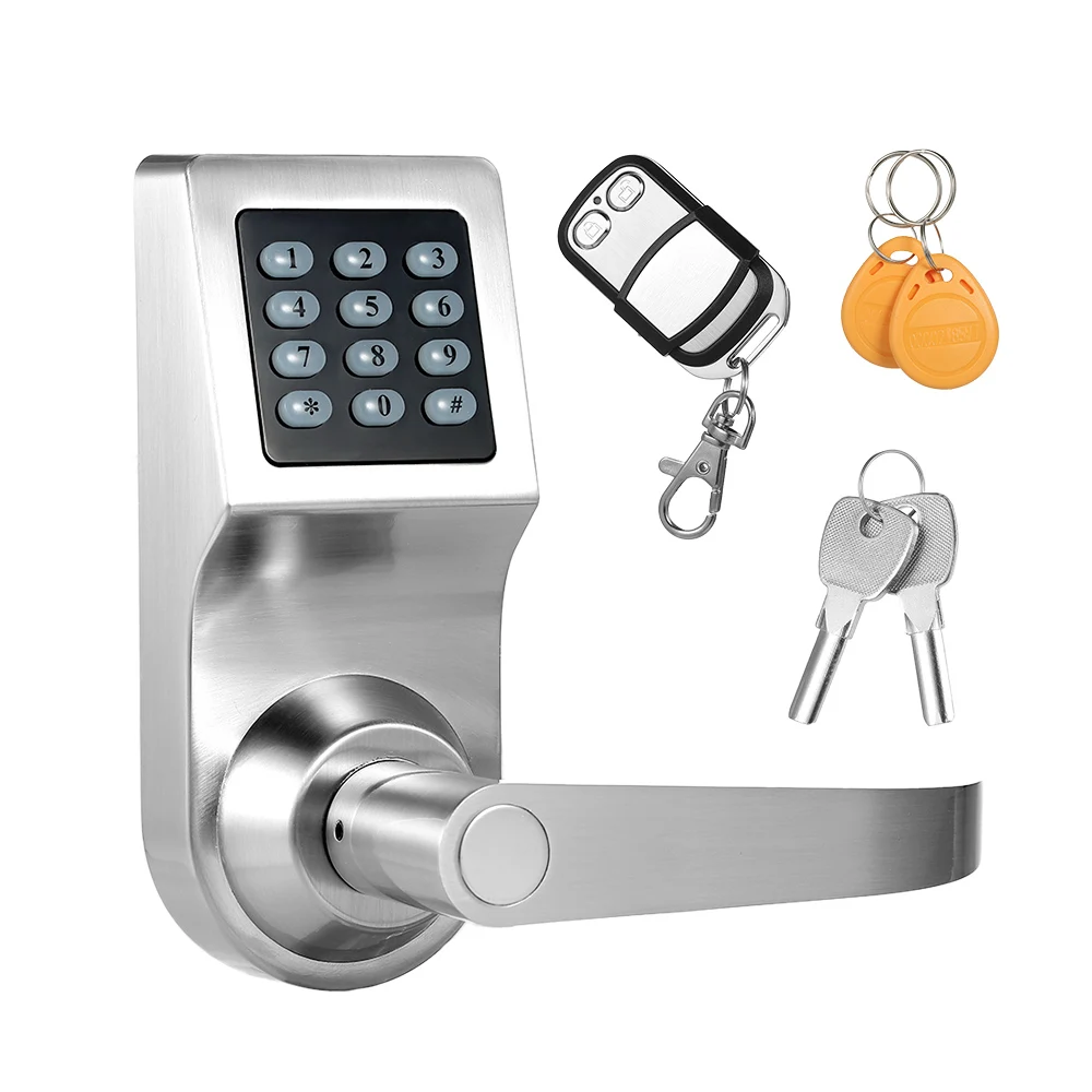 

Hot 4-in-1 Electronic Keyless Keypad Door Coded Lock Unlocked by Password + RF Card + Remote Control + Mechanical Key Home Secur