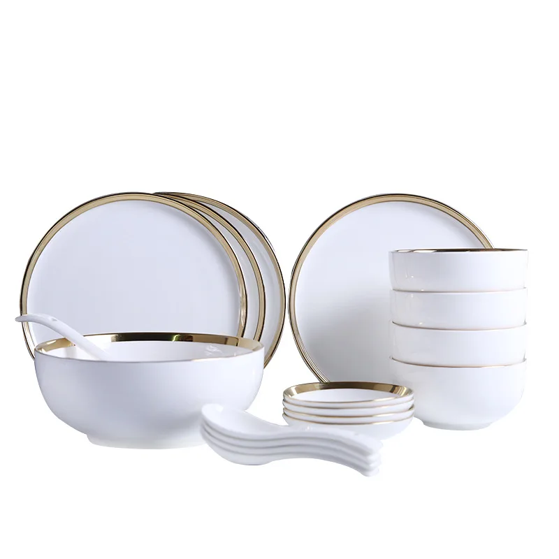 

Gilt Rim White Porcelain Dinner Plate Set Kitchen Plate Ceramic Tableware Food Dishes Rice Salad Noodles Bowl Mug Cutlery Set