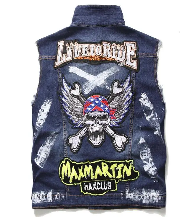 

Skull Wings Mens Hip hop Vest Motorcycle Club Denim Biker Vests Embroidery Patch Painted Design Multi Badges Sleeveless Jackets