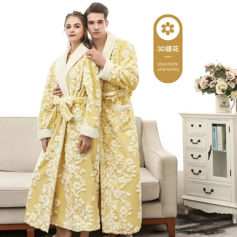 

Men Winter Long Coral Fleece Bathrobe Kimono Warm Flannel Bath Robe Men Cozy Robes Night Sleepwear Women Dressing Gown