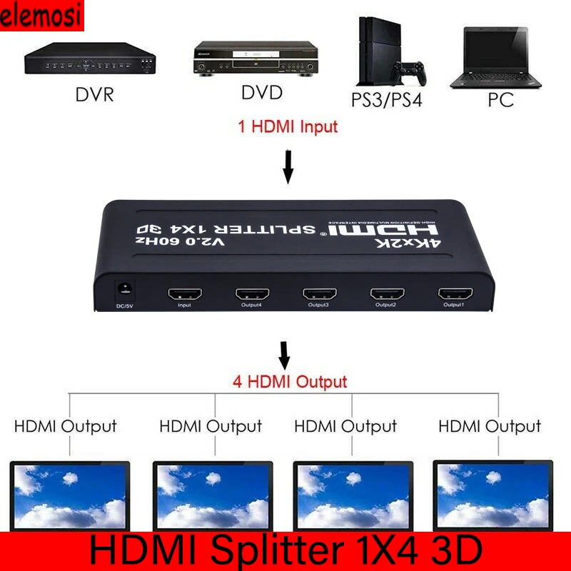 4Kx2k 1080P HDMI Splitter 4K 30Hz 1x4 HDMI2.0 1 In 4 Out Video Converter For PS4 STB DVD PC Output To 4 TV HD Video Splitter
4Kx2k 1080P HDMI Splitter 4K 30Hz 1x4 HDMI2.0 1 In 4 Out Video Converter For PS4 STB DVD PC Output To 4 TV HD Video Splitter