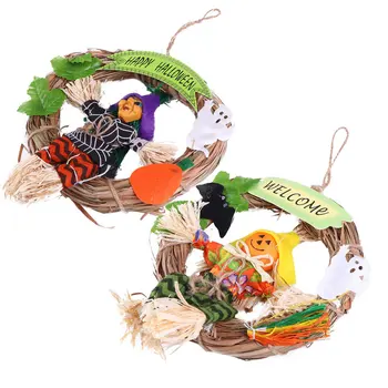 

2pcs Halloween Straw Hat Pendant Welcome Wall Hanging Home Decor (As Shown)