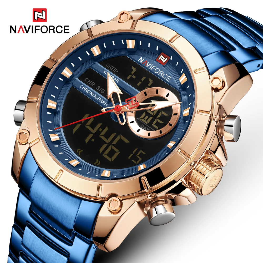

NAVIFORCE Blue Gold Fashion Creative Design Full Steel Sport Quartz Watch 2021 New Business Dual Display Wrist Watch Man Relogio