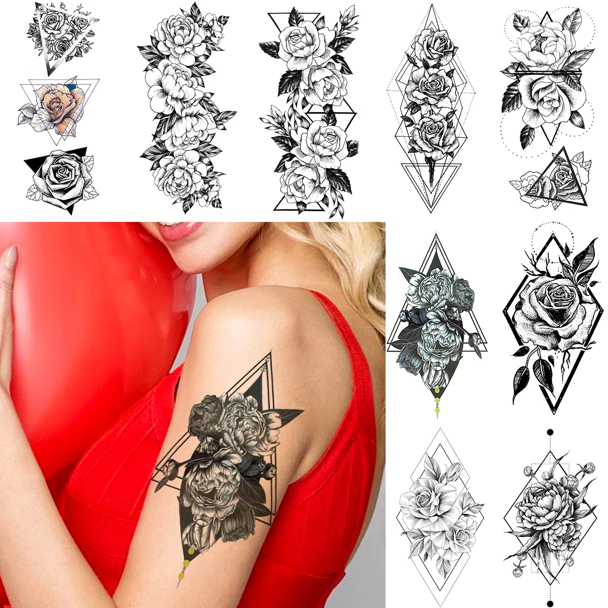 Фото Cool Geometric Triangle Flower Arm Tattoo Temporary Rose Floral Bloosom Sticker For Women Body Art Fake Tatoo On Back Leg | Красота и