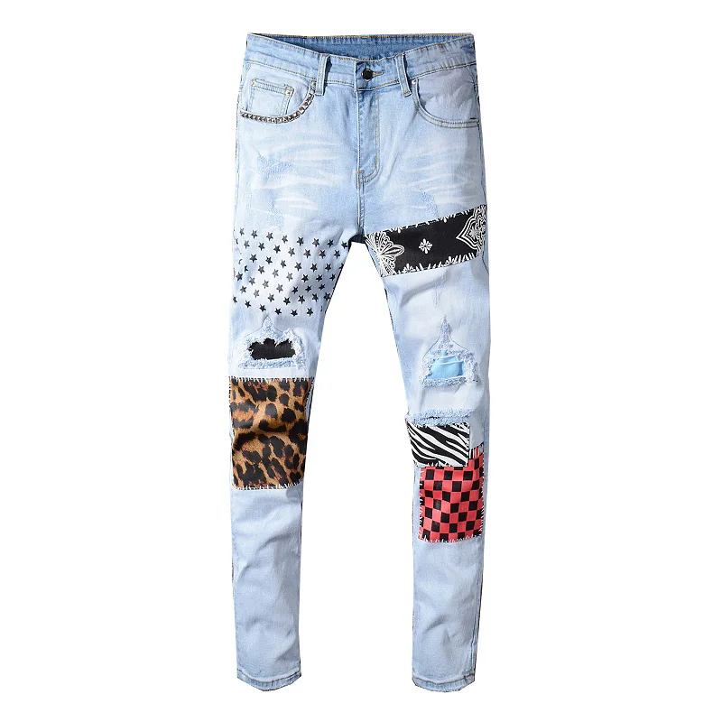 

Mens Stars Printed Leopard Patchwork Rivet Slim Jeans Light Blue Holes Ripped Skinny Biker Jeans Stretch Denim Pants Trousers