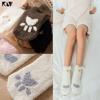 

Women Girls Winter Soft Fuzzy 3D Animal Slipper Socks Cute Cat Paw Ears Embroidery Coral Velvet Fluffy Plush Warm Hosiery