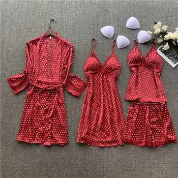 Women's 4-Piece Pajamas Sets Polka Dot Print with Chest Pad Top + Shorts + Nightdress + Long Sleeve Bathrobe Fashion Sleepwear 
Women's 4-Piece Pajamas Sets Polka Dot Print with Chest Pad Top + Shorts + Nightdress + Long Sleeve Bathrobe Fashion Sleepwear