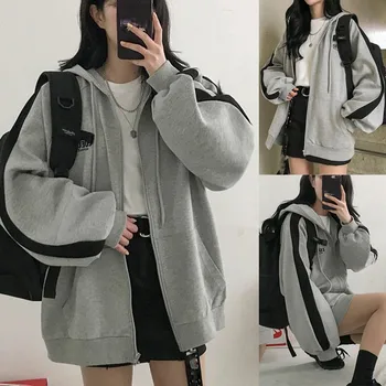 Women Zipper Hoodie 2020 Fashion Vintage Harajuku Streetwear Splicing Top Long Sleeve Loose Thick Korean Oversized Female Coat 
Women Zipper Hoodie 2020 Fashion Vintage Harajuku Streetwear Splicing Top Long Sleeve Loose Thick Korean Oversized Female Coat