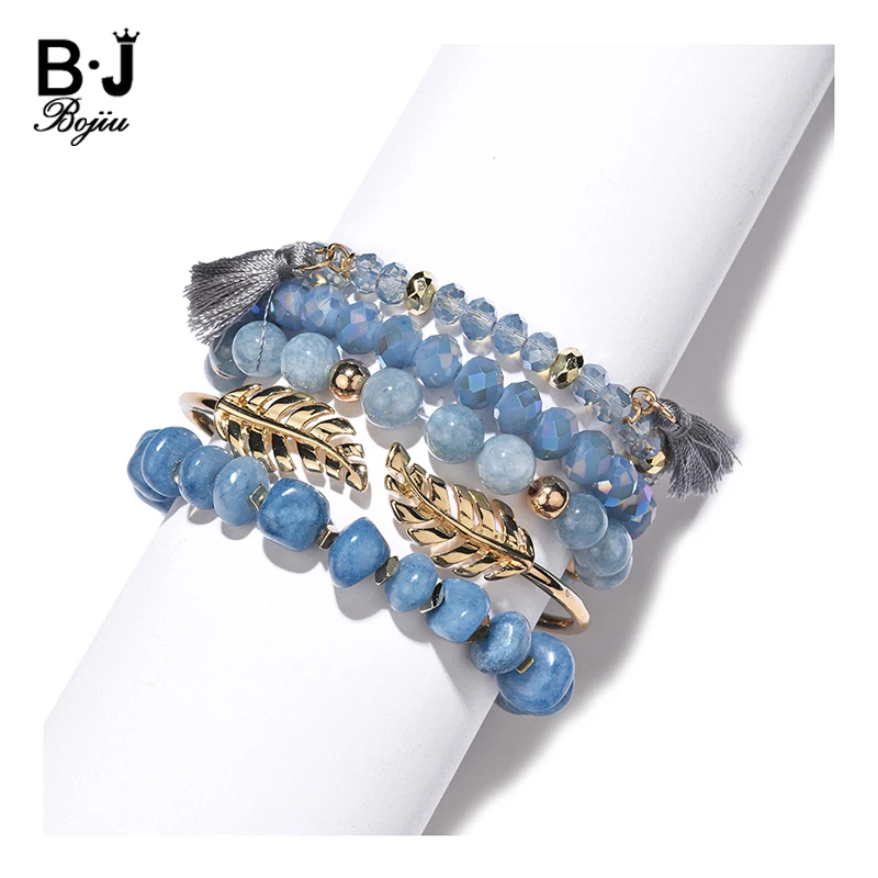 

NEW Fashion Multilayer Women Bracelets & Bangles Golden Leaf Open Cuff Natural Stone Crystal Bracelet Set Lady Jewelry BCSET320